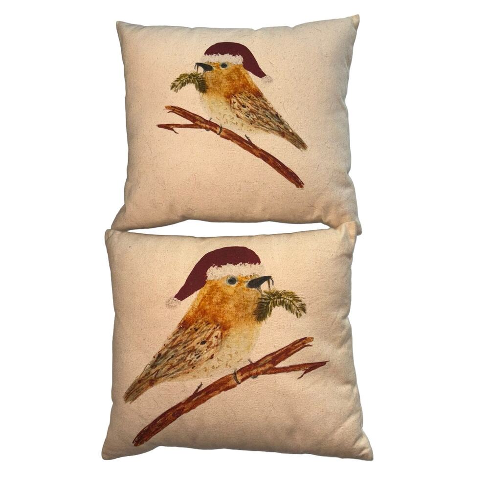 Two Holiday Bird Pillows Christmas Festive 10x10 Christmas